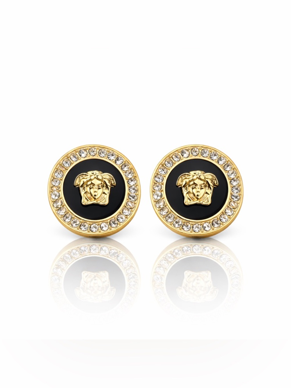 Gold Medusa Crystal Stud Earrings - Black Center
